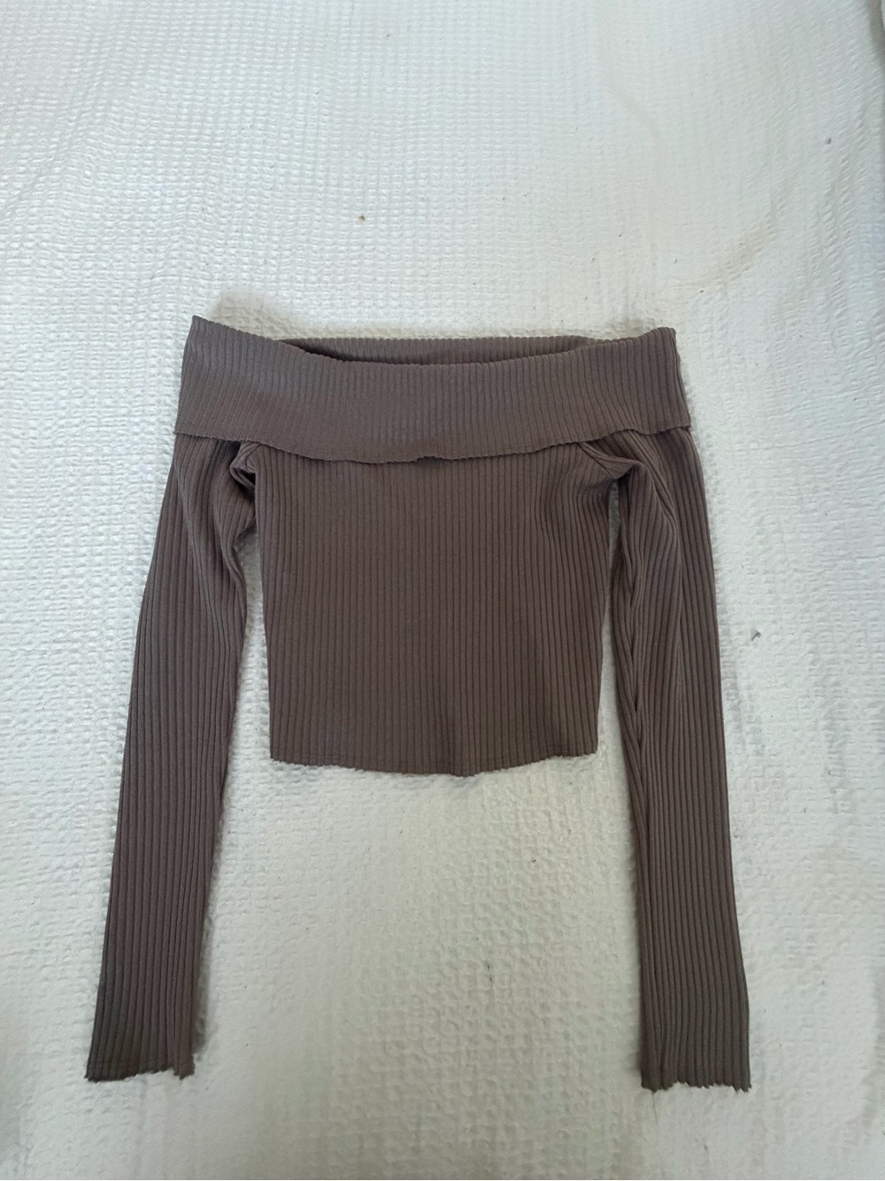 Ribbed Off-Shoulder Long Sleeve Top - Taupe